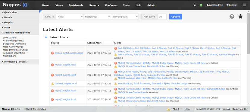 Nagios Incident management menu