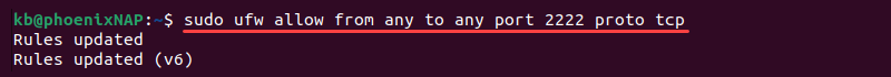 firewall port 2222 allow rule update terminal output