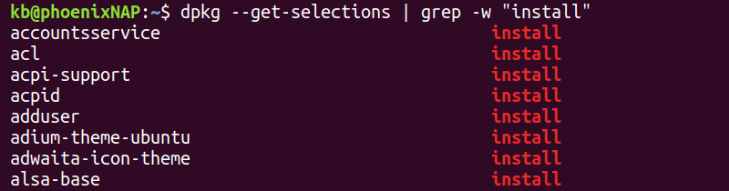 dpkg installed packages list terminal output
