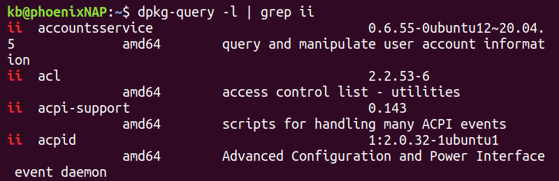 dpkg-query installed packages list terminal output