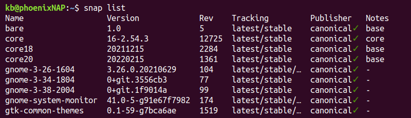 snap list terminal output