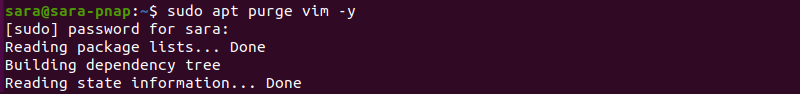 sudo apt purge vim -y terminal output