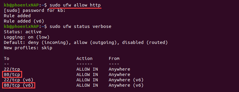 sudo ufw allow http rule