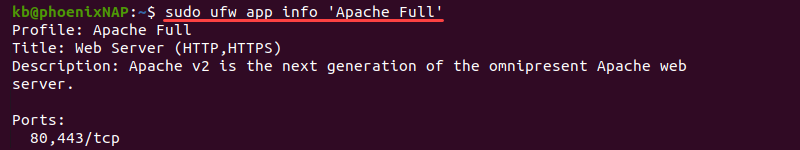 sudo ufw app info apache full terminal output