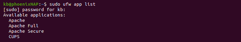sudo ufw app list terminal output