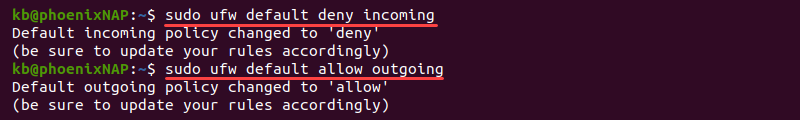 sudo ufw deny incoming allow outgoing default terminal output