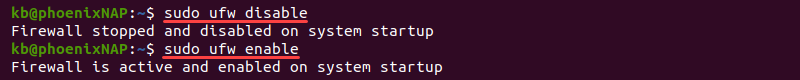 sudo ufw disable enable terminal output