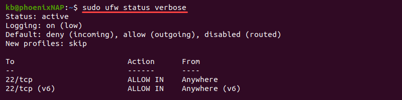 sudo ufw status verbose terminal output