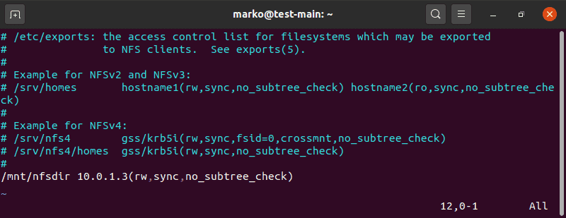 Editing the /etc/exports file in Vim editor