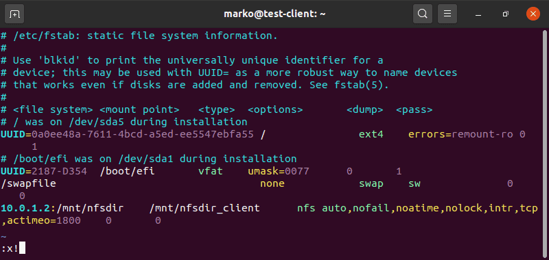 Editing the /etc/fstab file in Vim editor
