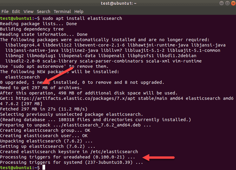 Terminal output when installing Elasticsearch.