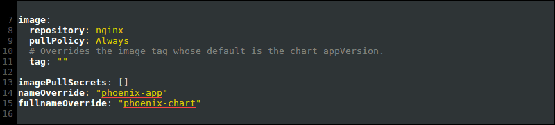 Changed chart name override values in the values.yaml file