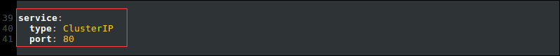 Default service type in the values.yaml file