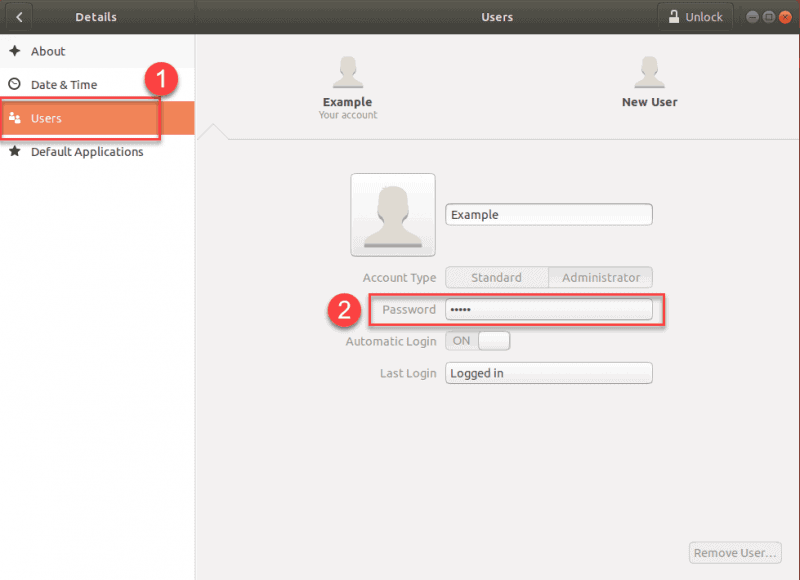 GUI example of Ubuntu users and password