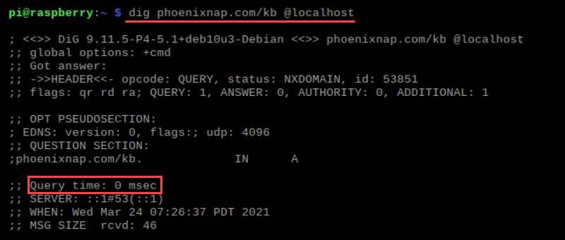 Output of the dig command second time use