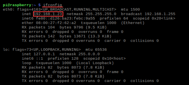 Terminal output of IP address from the ifconfig command