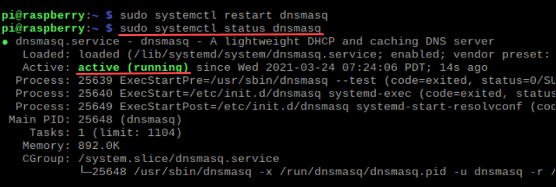 Terminal output of dnsmasq status as active (running)