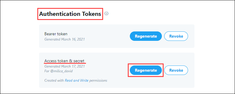 Twitter Developer Authentication Tokens for OAuth