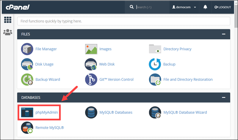 accessing phpMyAdmin from cPanel