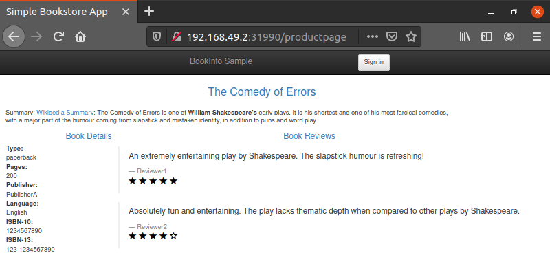 Screenshot of the Bookinfo app in Firefox