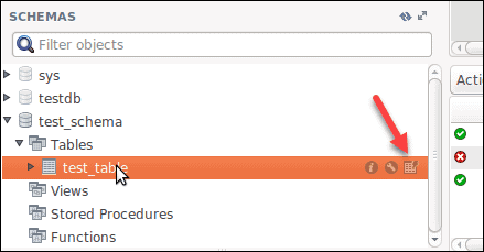 Hover over the table name in Workbench to reveal the icons.
