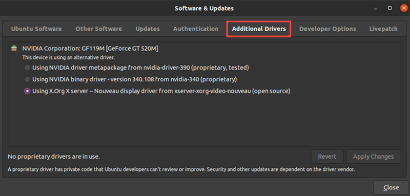 Install proprietary Nvidia drivers via a GUI app.