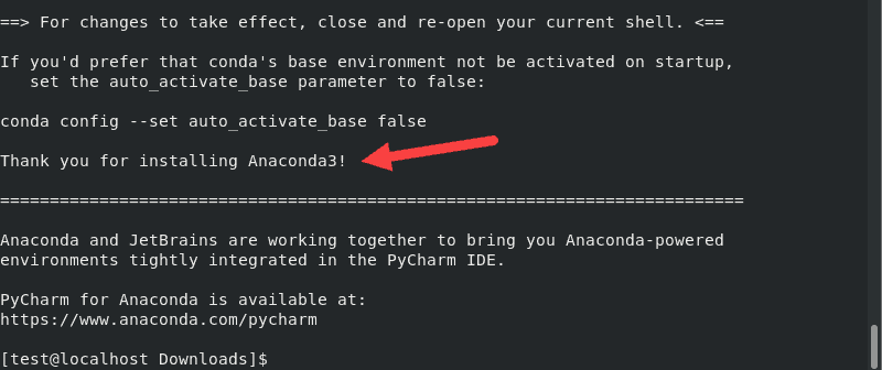 Anaconda installation completed message screenshot