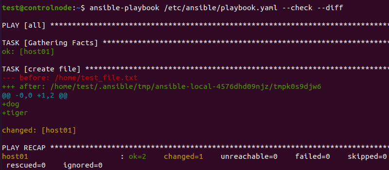 Using check and dif mode together on an Ansible playbook