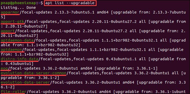 List upgradable packages with the apt command.