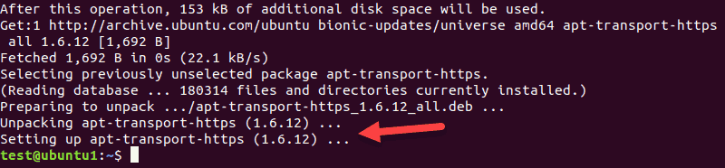 The output when installing APT transport package.