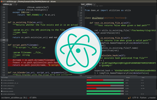 Atom editor with the official logo in the center