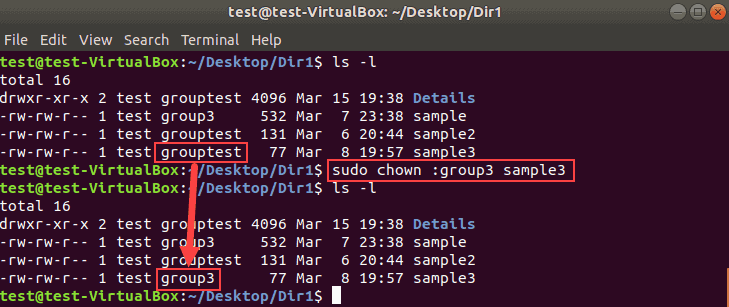 example of Changing group of a file or directory with chown command