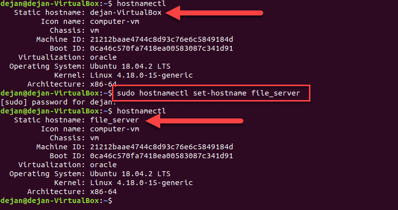 Using the terminal to change the hostname in Ubuntu.