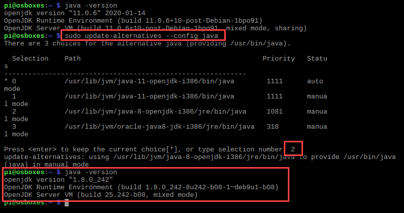 An example of setting a different Java version as the default one.