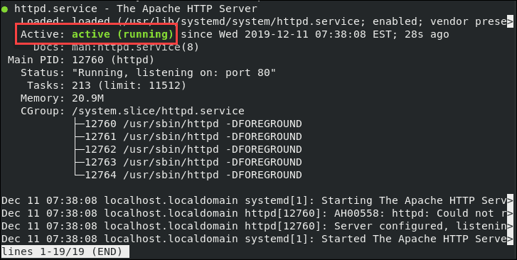 example of an active Apache httpd service