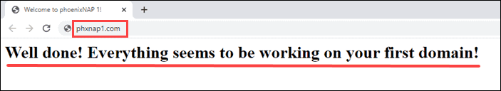 Web page displaying virtual host sucessfully created