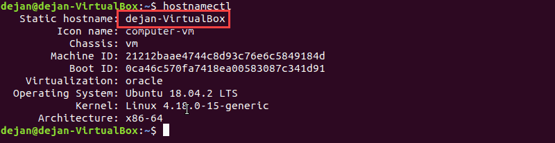 Checking the hostname of a system with hostnamectl.