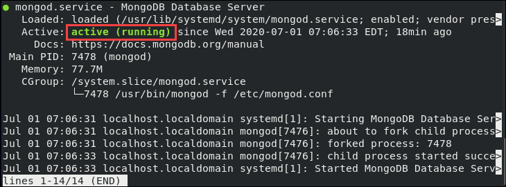 Checking the MongoDB service status is running