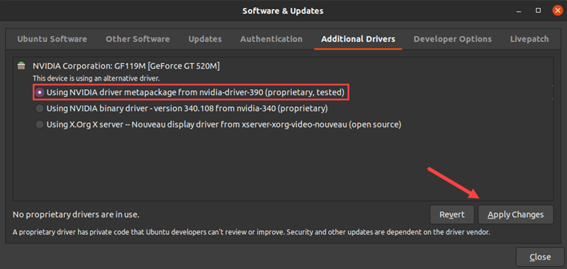 Choose a proprietary Nvidia driver to install on Ubuntu 20.04