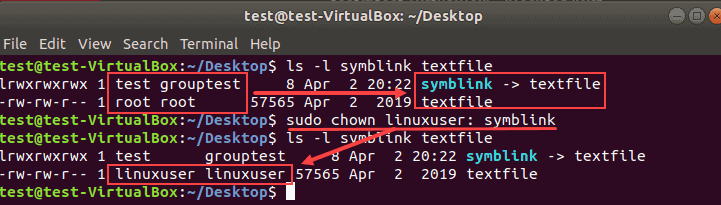 Change owner of symbolic link command.