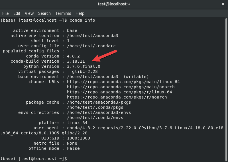 Terminal output for the conda info command.