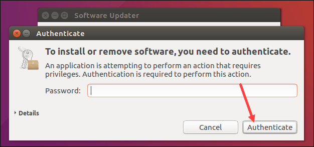 Provide password to confirm software update on Ubuntu 16.04.