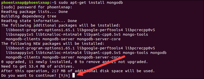 Press Y to confirm the installation process of mongo tools