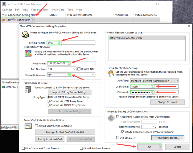 Connect to Phoenix edge server using the SoftEther client for Windows.