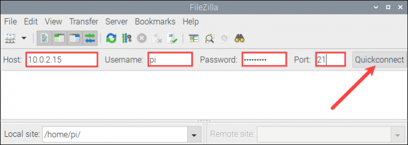 Using FileZilla to connect to an FTP server on the Raspberry Pi.