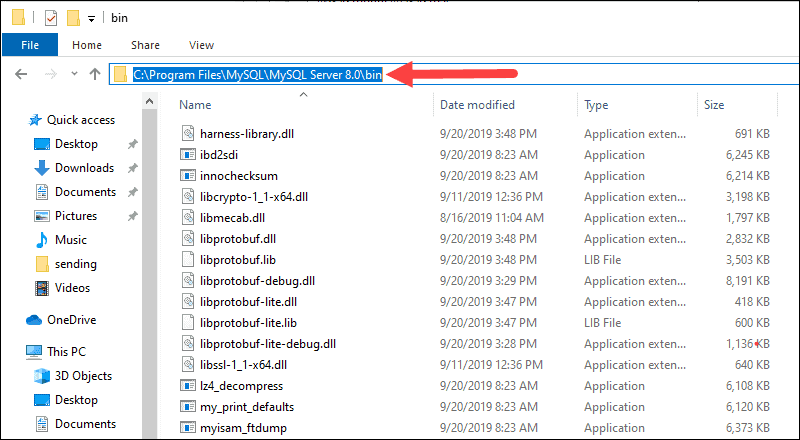 Copying the full path to MySQL bin folder