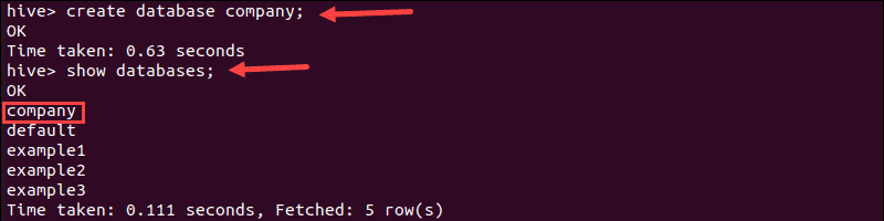 Creating a database in Hive.