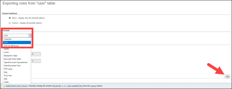 Select CSV from dropdown and click Go.