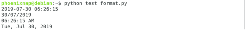 Example output of using the strftime method