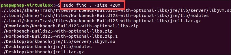 A list of files that the find command has found based on defined size.